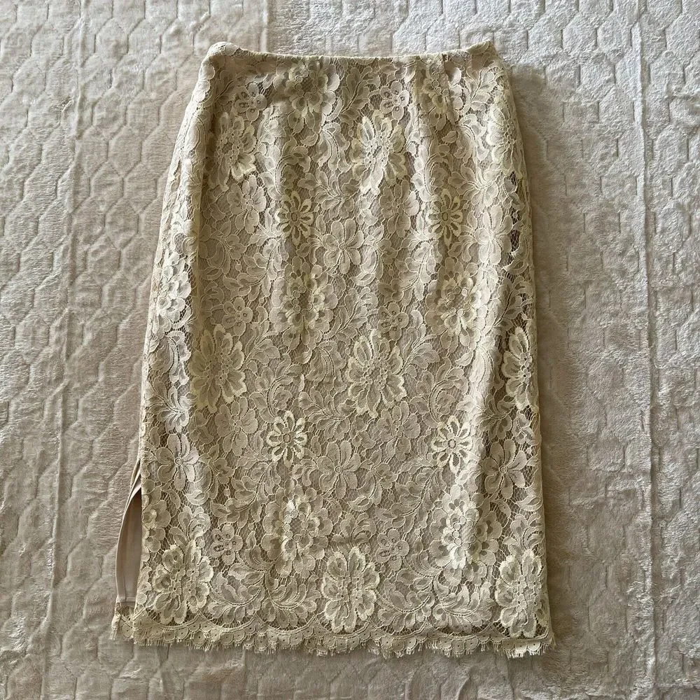 Dana Buchman Lace Midi‎ Skirt Beige Sz 2 Small Coquette Cottagecore